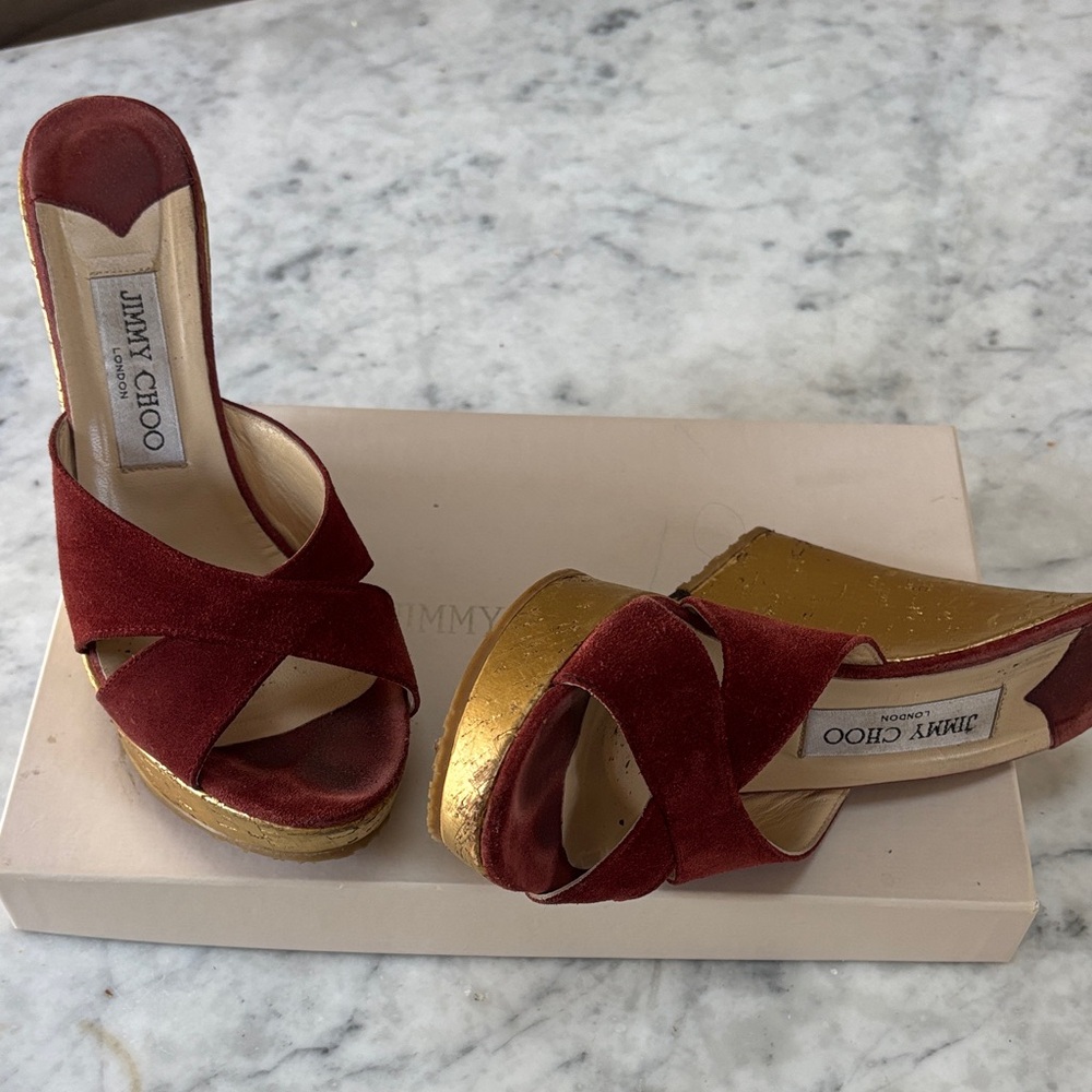 Jimmy Choo Burgundy and Gold Platform Sandals